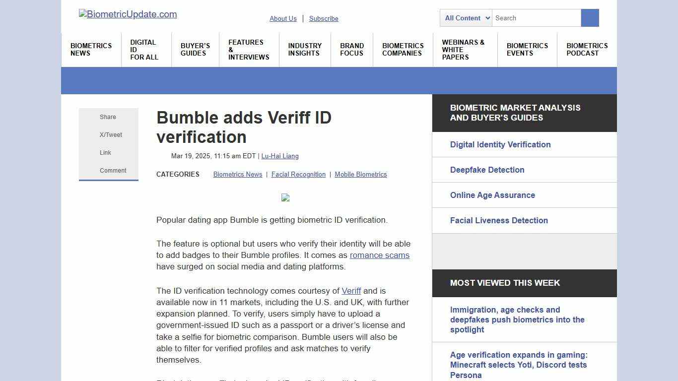 Bumble adds Veriff ID verification Biometric Update